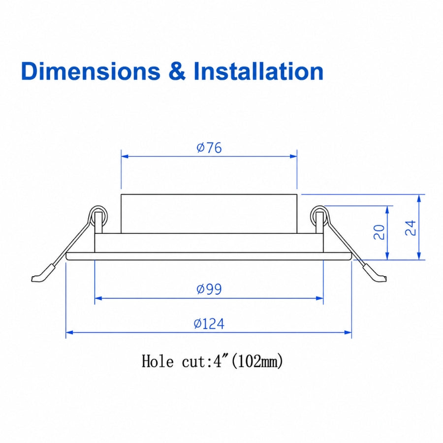 Installation diagram showing dimensions and 4-inch ceiling cutout requirements for the slim smart gimbal recessed light.