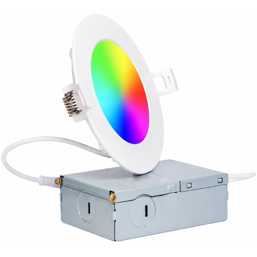 Close-up of 4-inch smart RGBW recessed LED downlight with junction box and color-changing display.