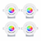 Four 4-inch smart Wi-Fi RGBW LED gimbal recessed lights with slim canless design and adjustable directional lighting.