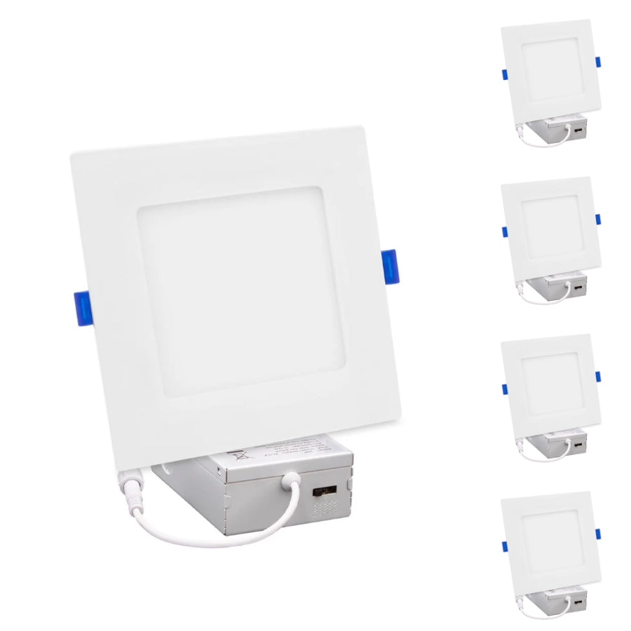 Four-pack of slim square LED recessed ceiling lights with selectable color temperatures and integrated junction boxes.