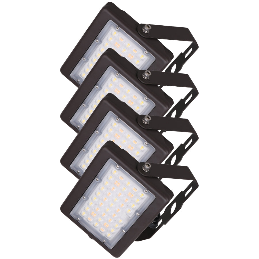 Set of four high-efficiency LED flood lights with adjustable mounts, ideal for large-scale outdoor lighting projects or commercial installations.