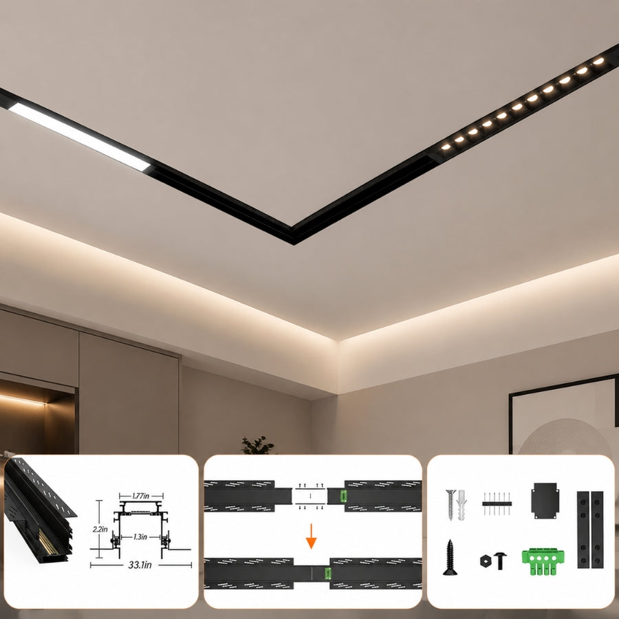 ETL-certified 4-wire recessed magnetic track lighting rail with cross-section dimensions, connector hardware, and installation accessories for modular 24V magnetic lighting systems.