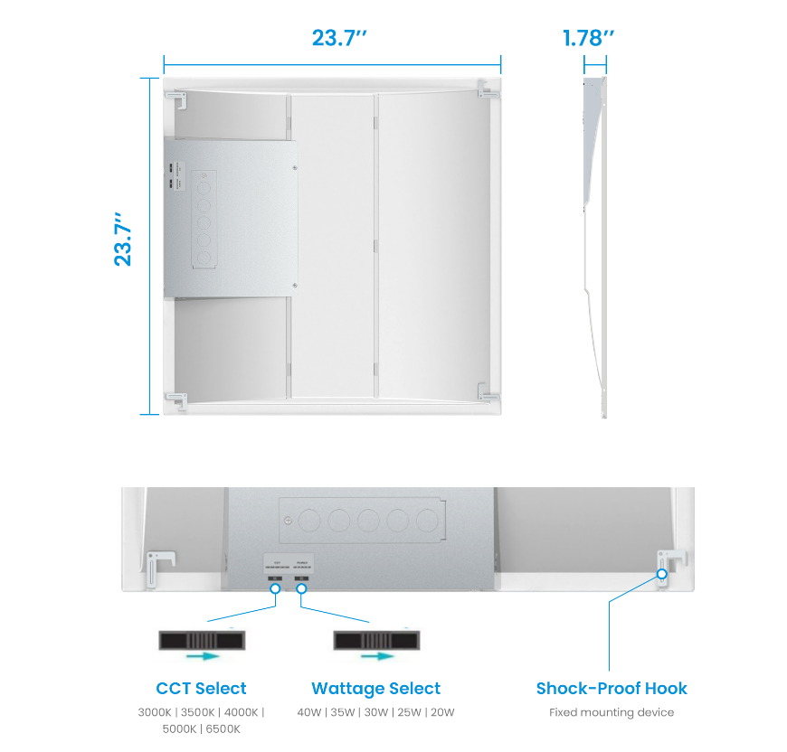 2x2 FT Center Basket LED Troffer Panel Light, 20/25/30/35/40W, 5 Color Options 3000K |3500K| 4000K | 5000K|6500K, Dimmable Drop Ceiling Lights, 2600/3250/3900/4550/5200Lumens, Damp Rated, 100-277V, DLC Premium