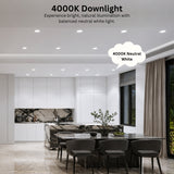 Recessed LED downlights providing 4000K neutral white illumination in a modern kitchen setting.
