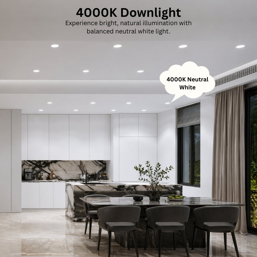 Kitchen interior lit with 4000K neutral white recessed LED downlights for bright and natural illumination.
