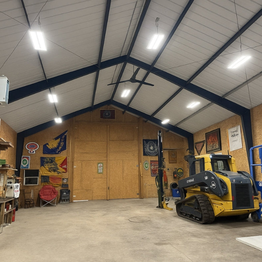 Indoor setting with a large yellow bulldozer, wooden walls, and various decorations.