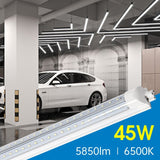 LED tube light with specifications in a parking garage setting