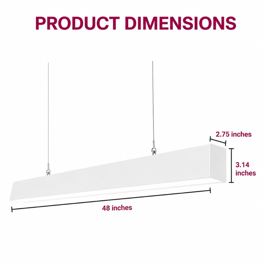 Dimension diagram of 4ft white LED linear light fixture measuring 48 inches long with slim modern housing.