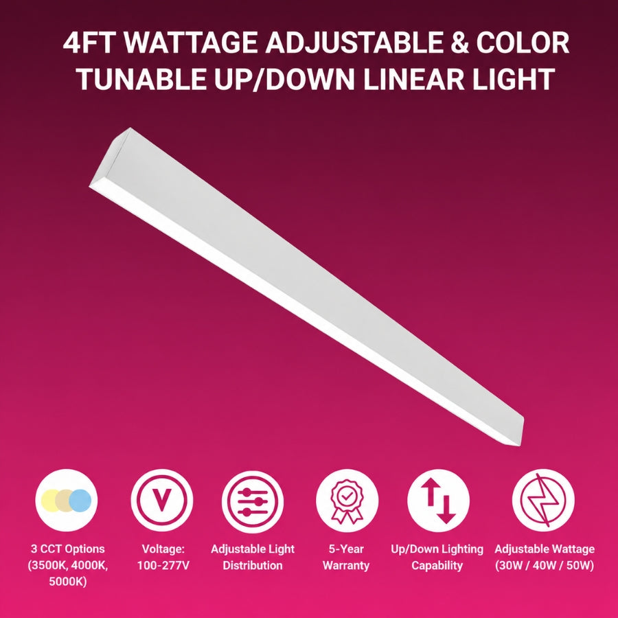 4ft white LED linear light fixture with adjustable wattage, selectable color temperature, and up/down lighting capability.