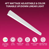 4ft white LED linear light fixture with adjustable wattage, selectable color temperature, and up/down lighting capability.