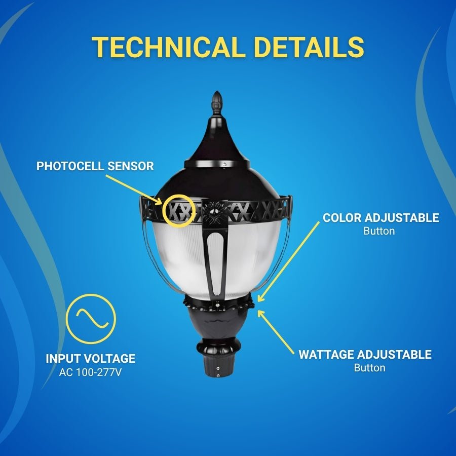 3-Way Post Top LED Acorn Light Fixture - Selectable 60W/50W/30W, 3K/4K/5K CCT, AC100-277V - Black T5 3" Pole Mount, Waterproof PC Cover, Small Housing, Vintage Style Exterior Lantern with Photocell Option for Driveway, Front Yard, Garden
