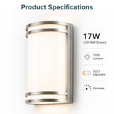 17W LED Wall Sconce Light, 1200 Lumens, 3CCT Selectable 3000K/4000K/5000K, Dimmable Indoor Wall Mount Fixture, AC 120V Hardwired Modern LED Wall Lamp, 75W Metal Halide Equivalent, CRI90 Energy Efficient Lighting