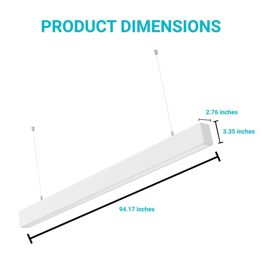 8FT Suspended Linear LED Light Fixture - 9600 Lumens, 80W, CCT Selectable, 120-277V, Dimmable, White Body