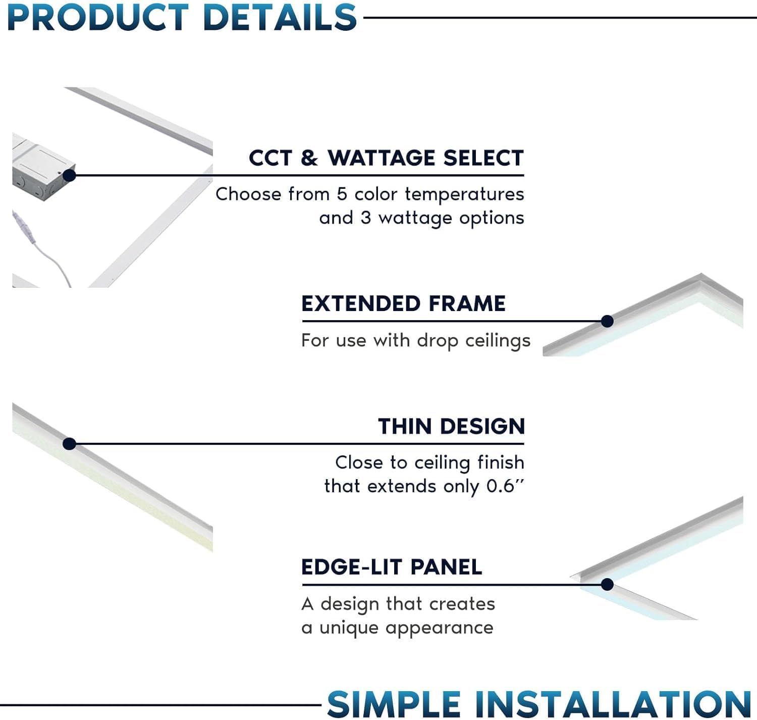 2x2 FT Edge-Lit Frame and T-grid LED Panel Lights,5CCT Selectable 3000K-6500K, 2600/3900/5200LM,20W/30W/40W Switch, Grid Drop Ceiling Lights,0-10V Dimmable,Damp Rated,100-277V,ETL Listed DLC Premium