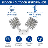 Double Head LED Emergency Remote Head, Adjustable Emergency Light Heads, Thermoplastic Housing, Wall or Ceiling Mount, Compatible with Remote-Capable Emergency Lighting Units, White