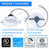 6" LED Commercial Downlight, 14W/18W/22W/26W/30W Selectable, Up to 2520 Lumens, 5CCT 2700K/3000K/3500K/4000K/5000K, 0-10V Dimmable, Canless Wafer Thin Recessed Ceiling Light, IC Rated, 120-277V, UL Listed