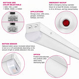 8FT 80W LED Strip Light Fixture with Emergency Backup - Wattage & CCT Selectable (3000K–5000K) - Motion Sensor & Photocell - 0-10V Dimmable - Up to 11,674 Lumens - 120-277V - White Finish