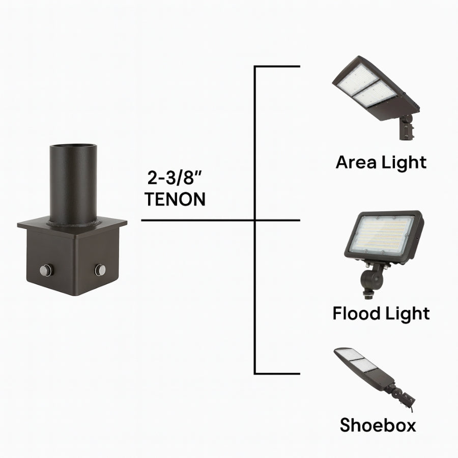 4" Square Pole Mount Adapter with 2-3/8" Tenon, Steel Light Mounting Bracket for Area, Flood & Shoebox Lights, Weather-Resistant Dark Bronze Finish