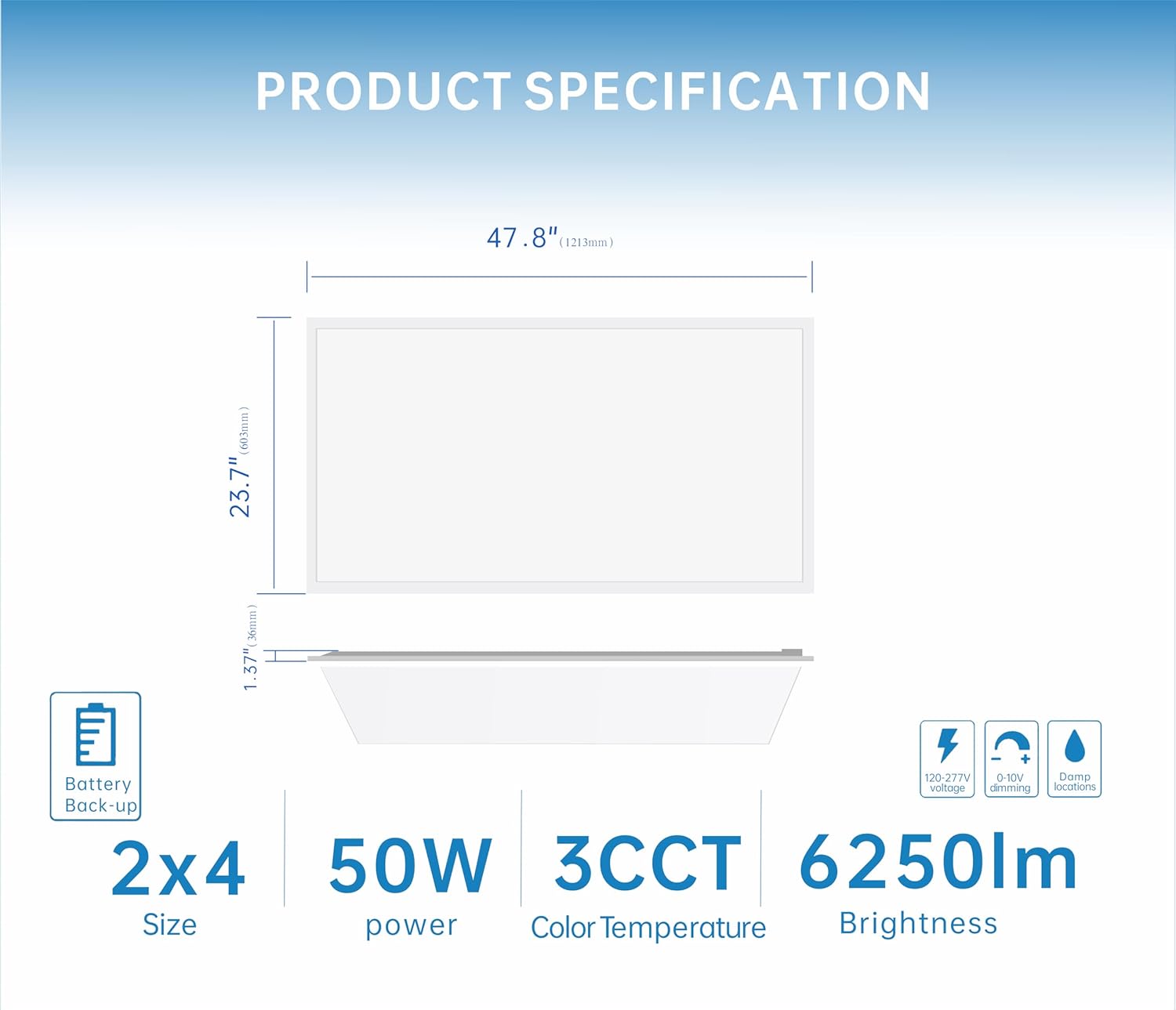 2X4 LED Flat Panel Light with Emergency Battery Backup, 50W 3000K/4000K/5000K, 0-10V Dimmable, 6500 Lumens, LED Drop Ceiling Lights, 100-277V, UL Listed, Ultra Thin Back-Lit