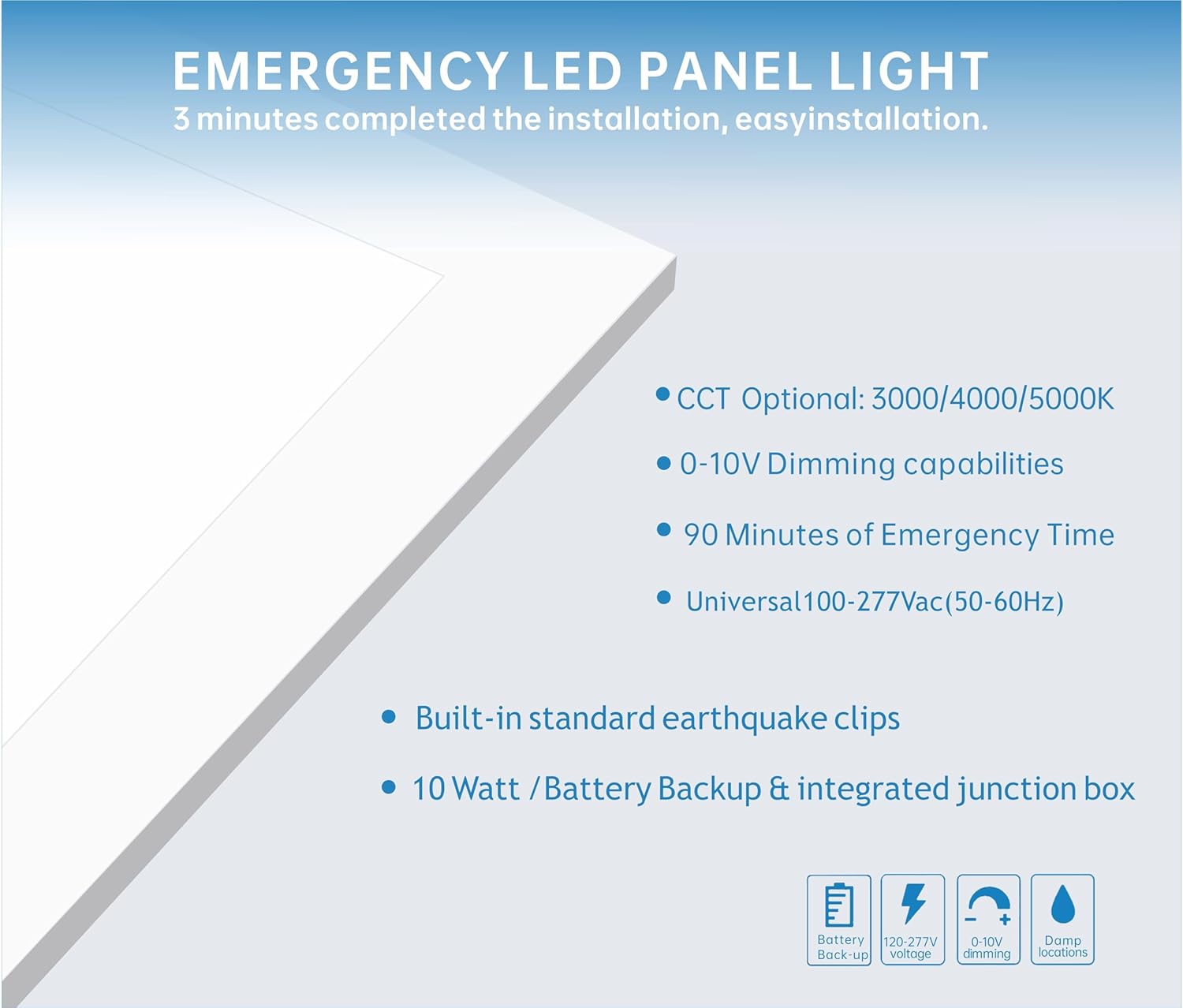 2X2 LED Flat Panel Light Emergency Battery Backup, 40W-3000K/4000K/5000K, 0-10V Dimmable, 4390 Lumens, LED Drop Ceiling Light, 100-277V, UL Listed, Ultra Thin Back-Lit