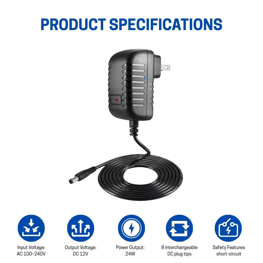 Battery Charger Power Supply – 12V 2A AC to DC Adapter, 24W Power Converter, AC110V to DC12V Transformer with 8 DC Plug Tips – Compatible with 12V 500mA to 2000mA Devices