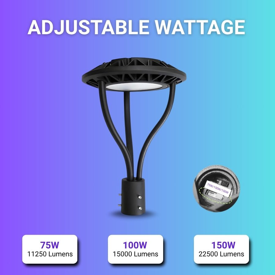 LED Post Top Light - 75W/100W/150W Selectable, 3000K/4000K/5000K CCT, AC100-277V, Black T5 3" Mount, Frosted Glass Cover, Outdoor Waterproof Fixture, Compatible with Photocell, 5-Year Warranty for Street, Yard, Garden