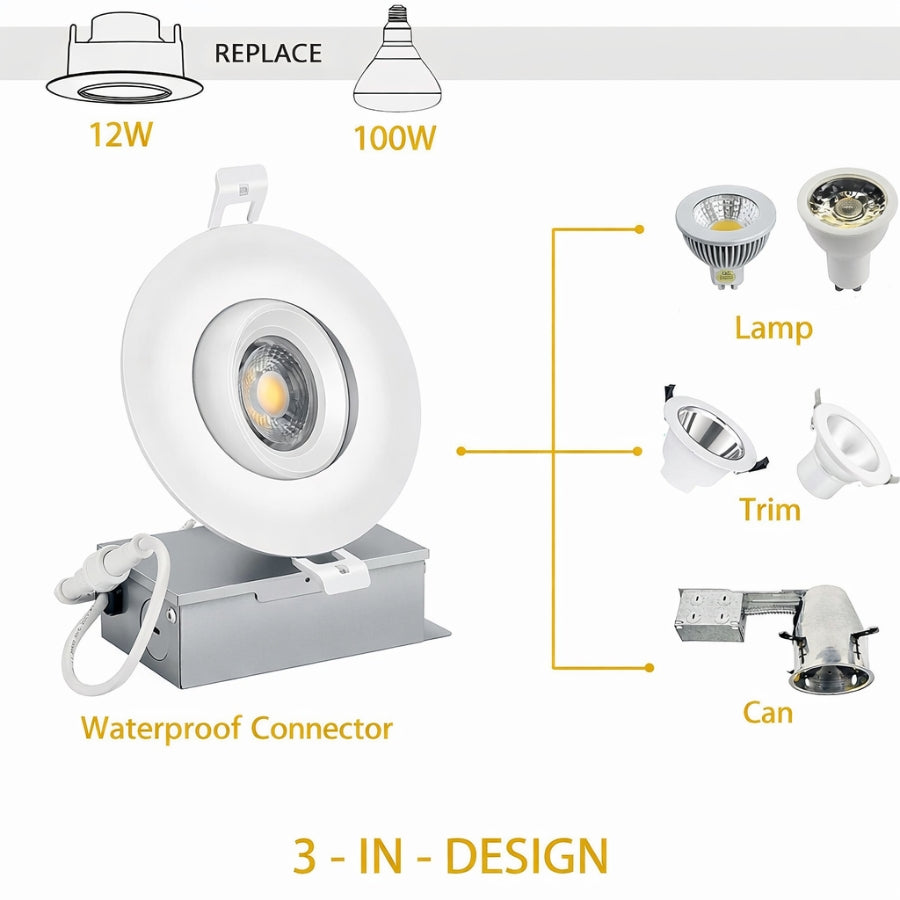 4 inch LED recessed gimbal light 12W replacing 100W bulb showing 3 in 1 canless design with lamp trim and can combined waterproof connector at Switchtoled.com