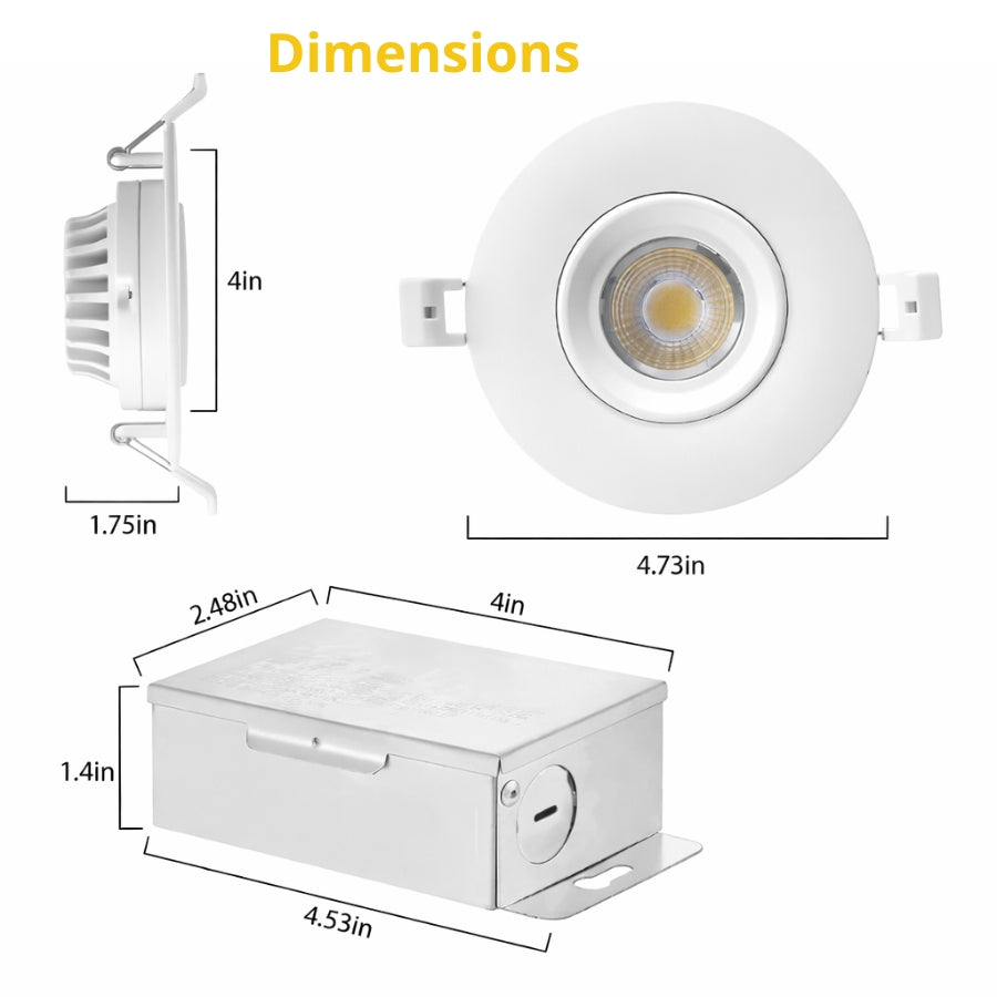 4 inch LED recessed gimbal light dimensions showing trim size cutout depth and IC rated junction box measurements for ceiling installation at Switchtoled.com