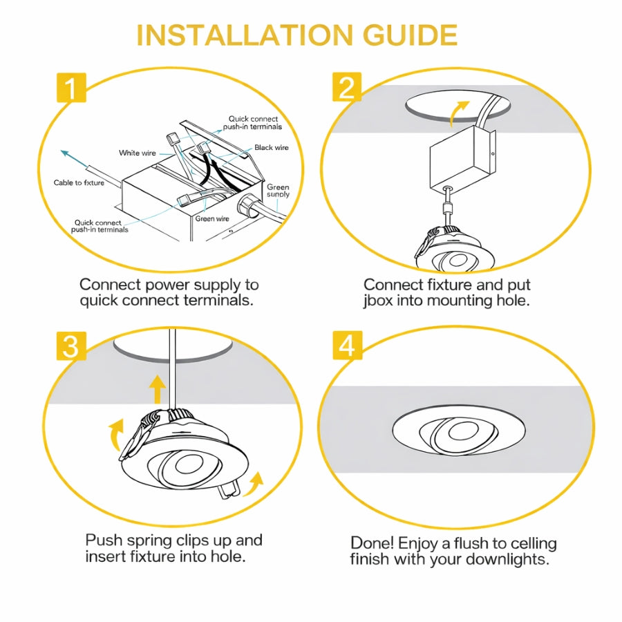 4 inch LED recessed gimbal light installation guide showing quick connect wiring junction box mounting and spring clip ceiling installation steps at Switchtoled.com