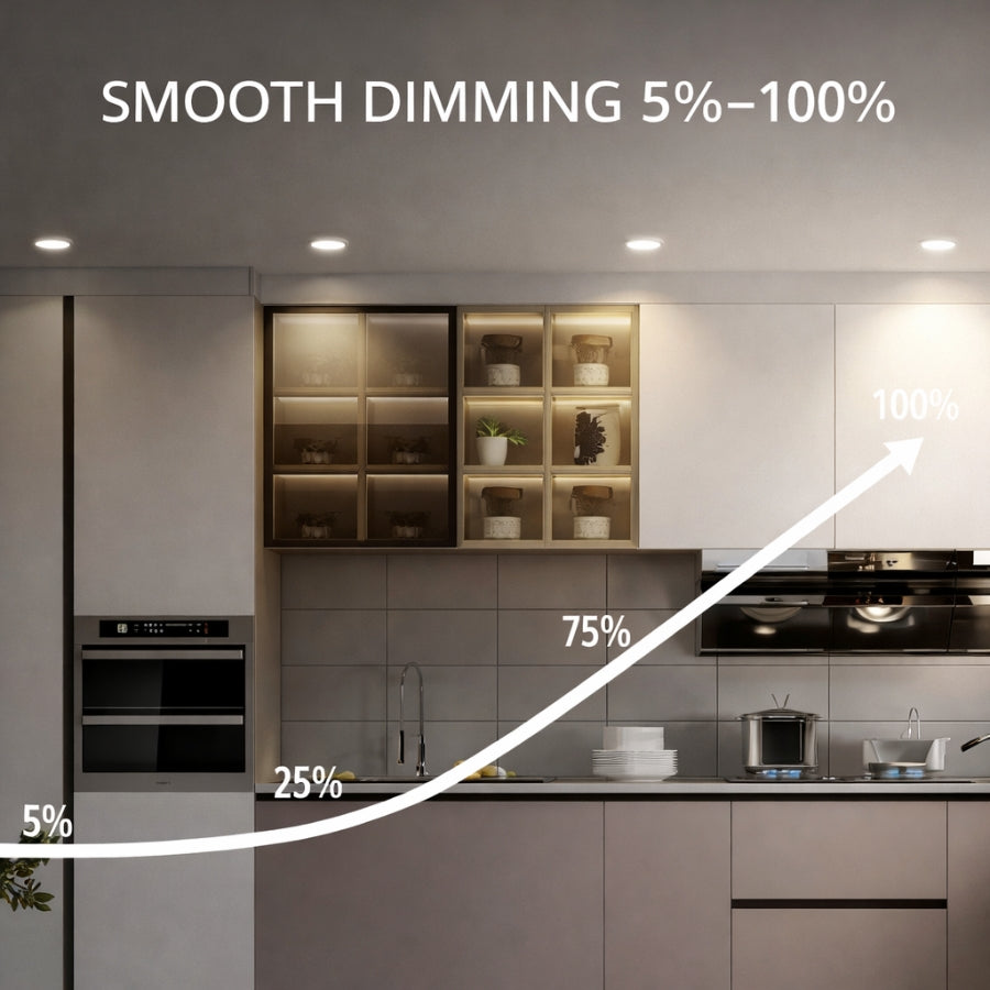 4 inch LED recessed gimbal light showing smooth dimming from 5 percent to 100 percent for kitchen and residential lighting with compatible dimmers at Switchtoled.com