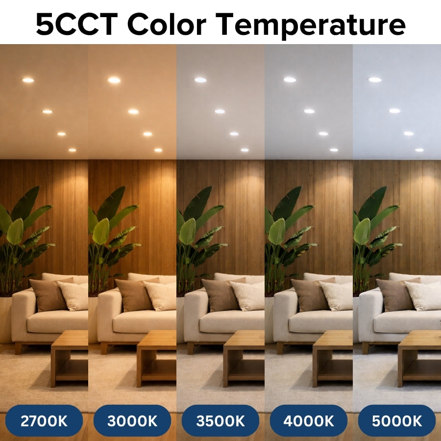 4 inch LED recessed light showing 2700K to 5000K color temperature options for different room settings