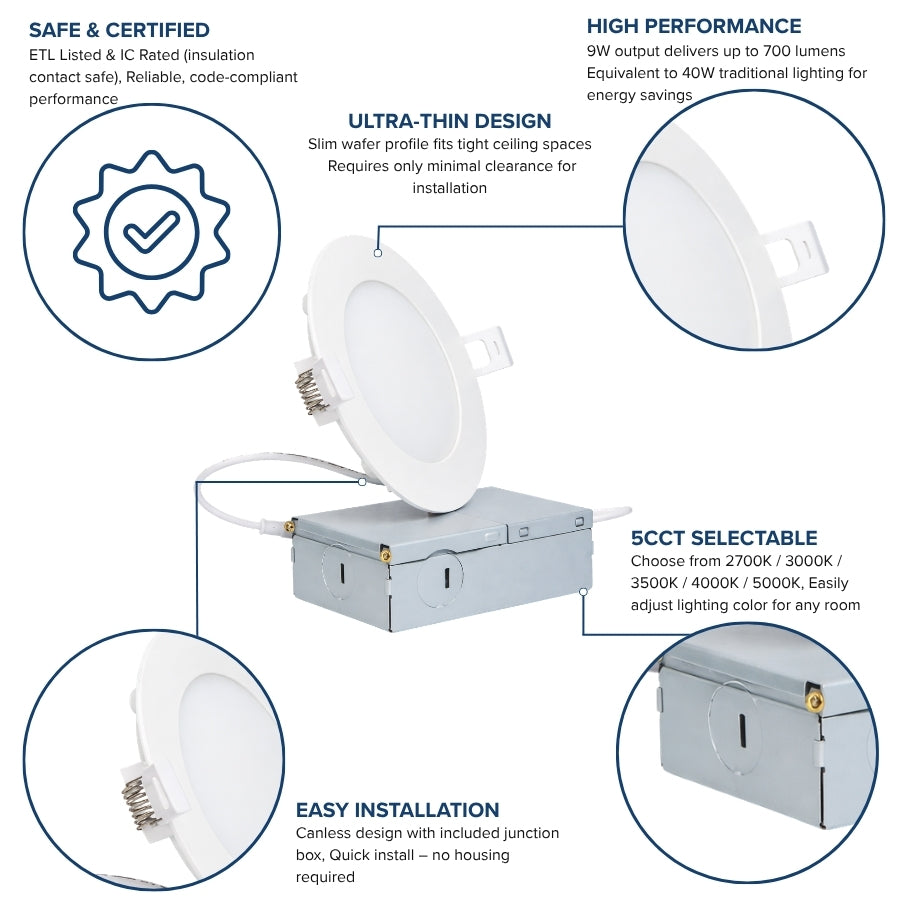 4 inch LED recessed light features including 5CCT selectable color temperature and easy installation