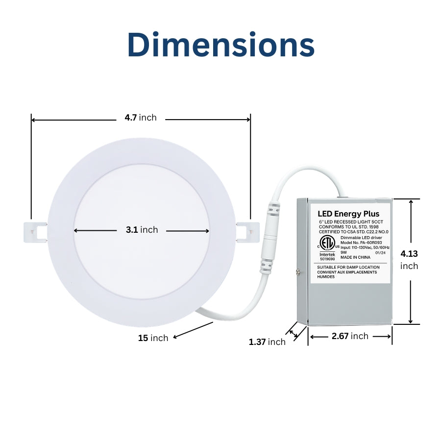 4 inch LED recessed ceiling light dimensions including cutout size and junction box measurements