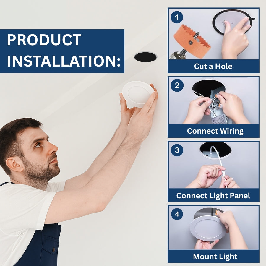 step by step installation of 4 inch LED recessed ceiling light with junction box and spring clips