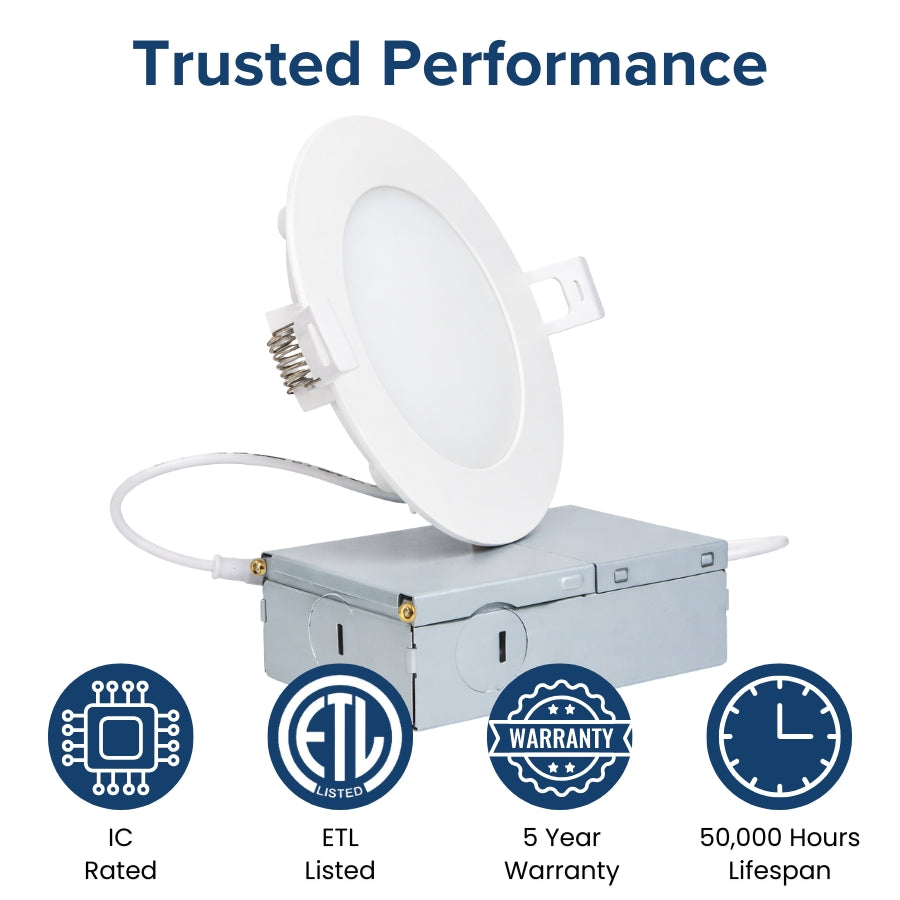 4 inch LED recessed ceiling light IC rated ETL listed with 5 year warranty and 50000 hour lifespan