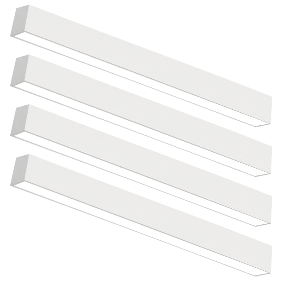Set of four white 8ft LED linear lights aligned in parallel showcasing uniform design.