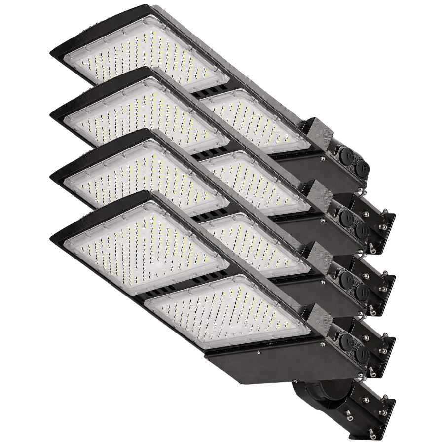 4 Pack LED parking lot light fixtures with adjustable wattage and slip fitter mounts in black finish