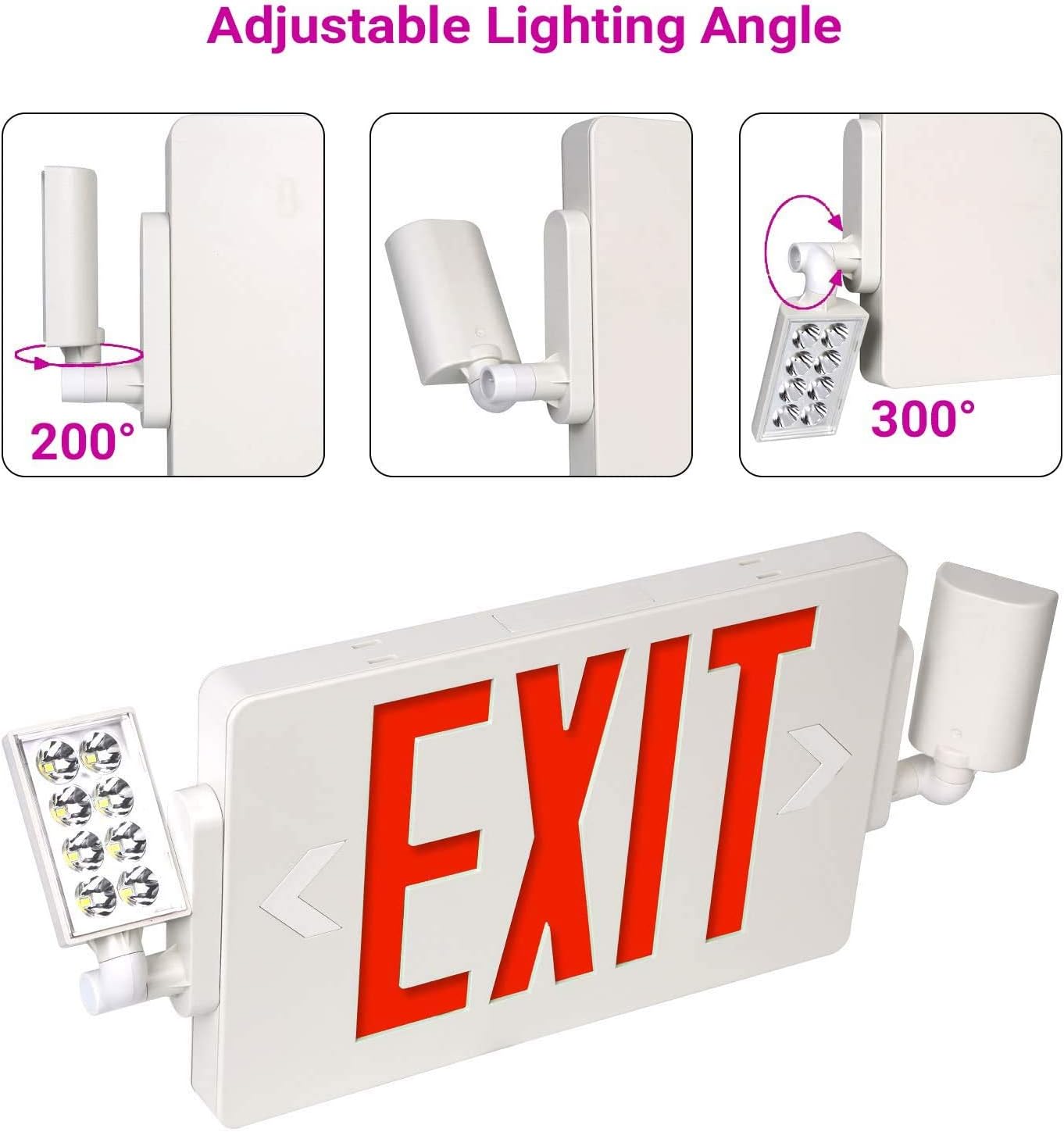 Double Sided LED Emergency EXIT Sign Combo, Two LED Lights, Backup Battery, US Standard Red Letter Emergency Exit Lighting, Commercial Grade, 120-277V, Fire Resistant (UL 94V-0)