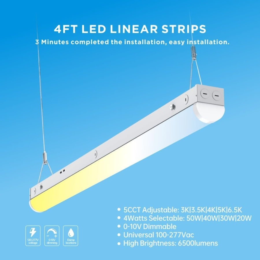 4FT LED linear strip light with installation details on a blue background