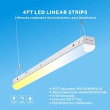 4FT LED linear strip light with installation details on a blue background