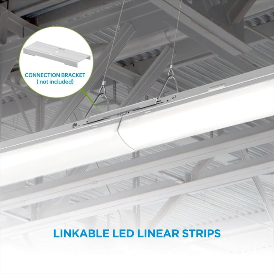 Linkable LED linear strips mounted on a ceiling with a connection bracket highlighted.