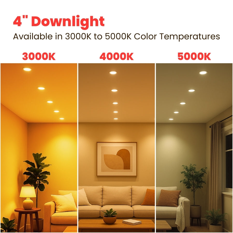 Three panels showing different color temperatures of a 4-inch downlight in a living room setting.