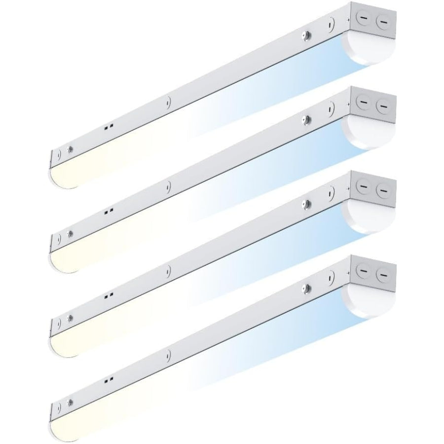Four 4' linear led fixture​
 with different color temperatures on a white background
