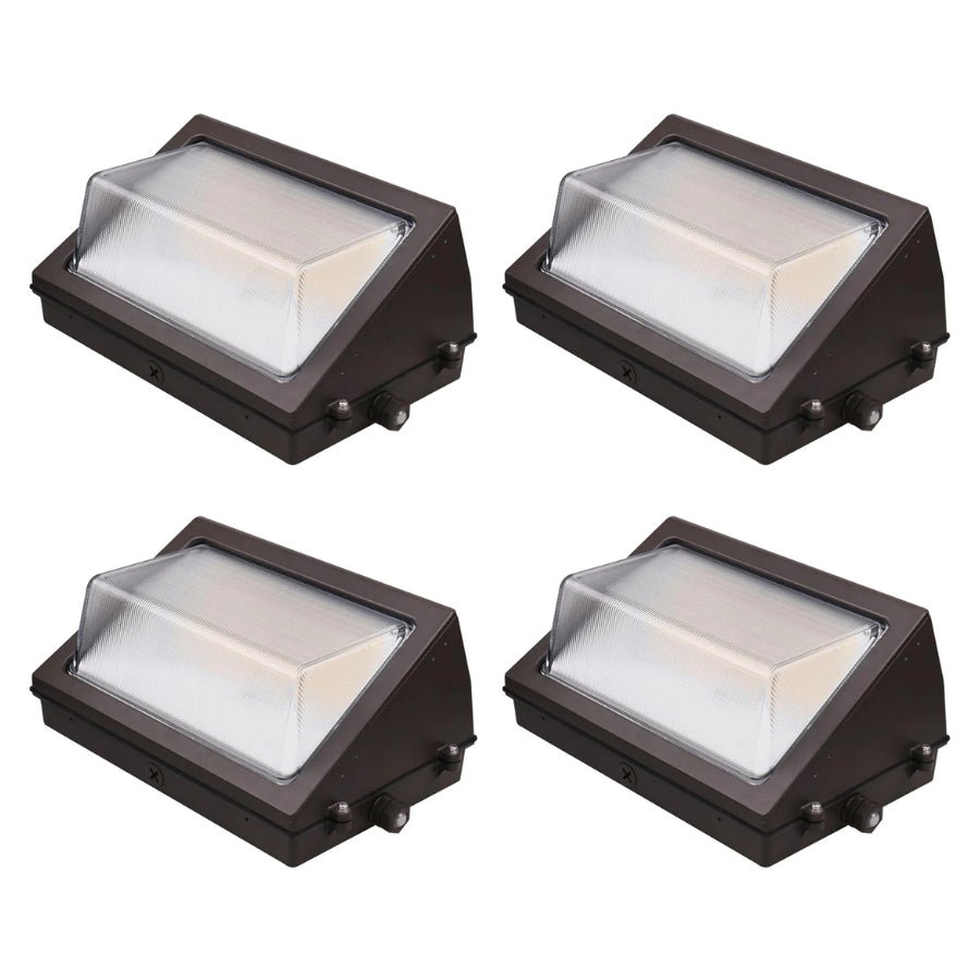 Four square outdoor lights with brown frames on a white background