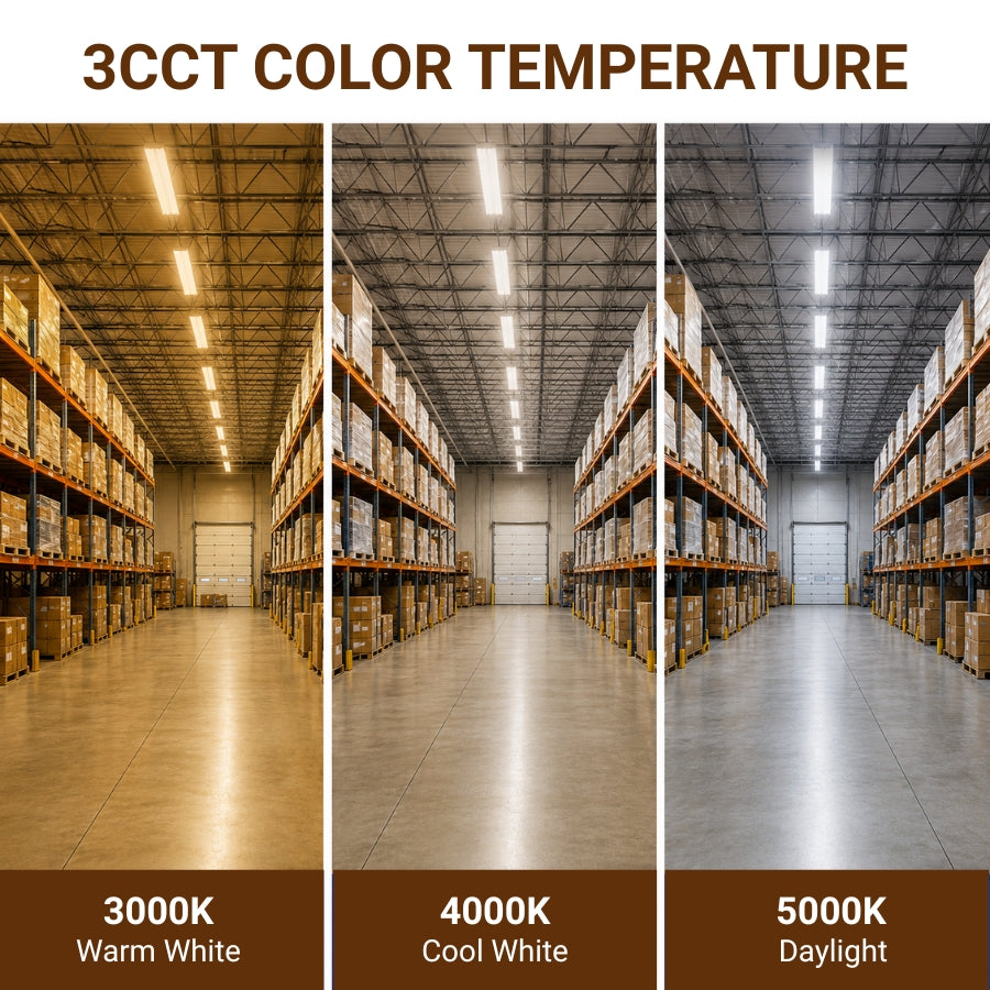 Warehouse interior with 3CCT color temperature labels at 3000K, 4000K, and 5000K.