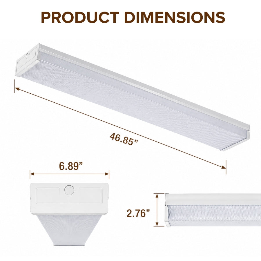 Dimensions of a rectangular light fixture on a white background