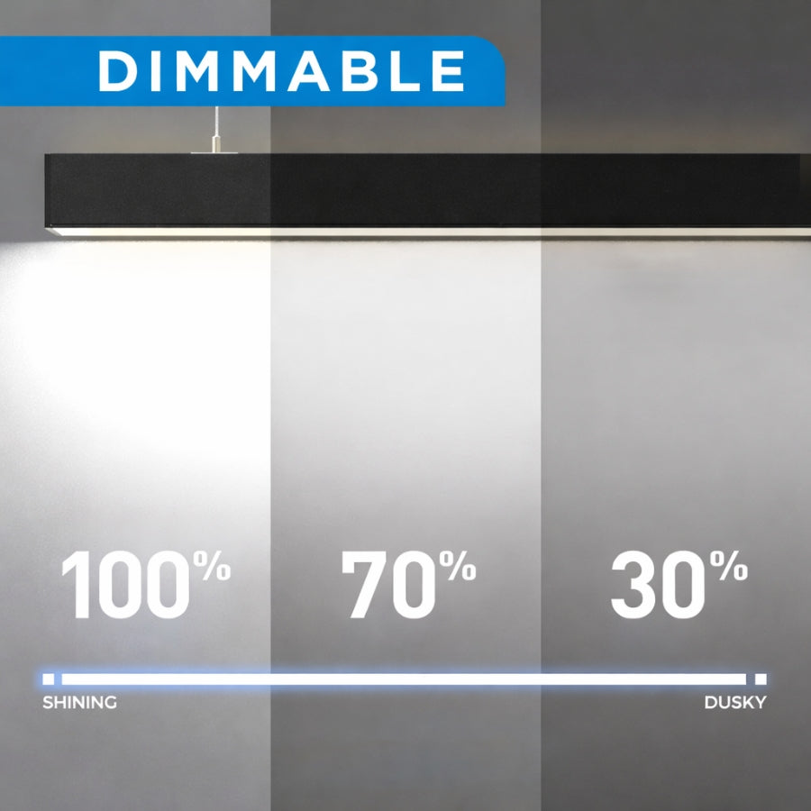 Dimmable light fixture with labeled brightness levels on a gray background