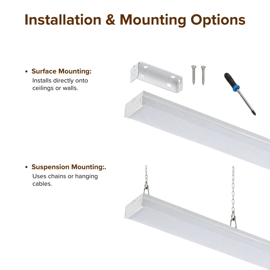 Installation and mounting options for a light fixture with surface and suspension mounting illustrations.