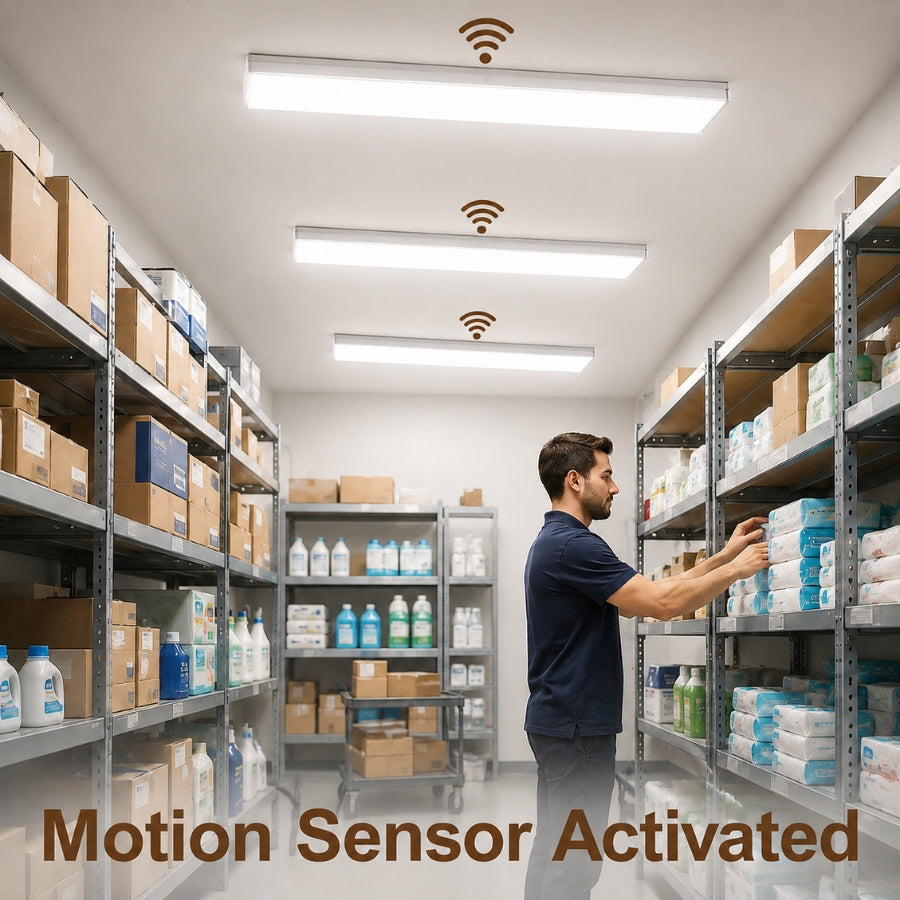 Man in a warehouse with shelves stocked with boxes and bottles, motion sensor activated text.