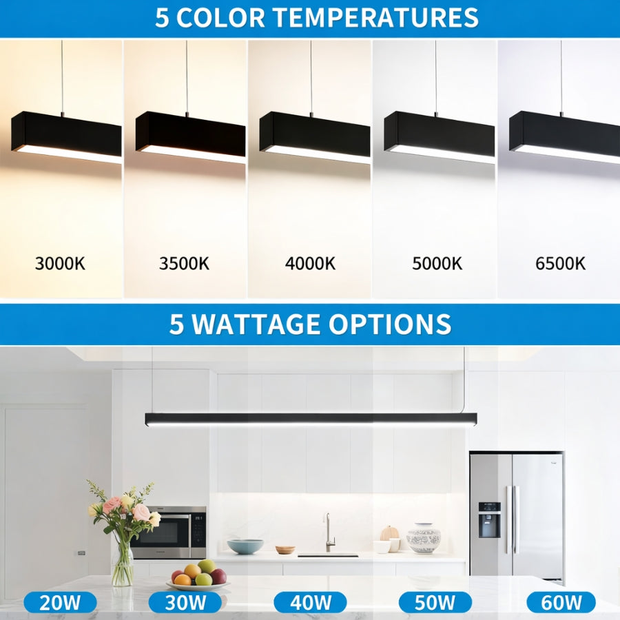 Lighting fixture color temperature and wattage options with a kitchen background.